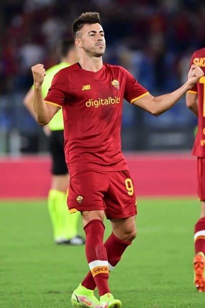Stephan El Shaarawy of celebrates after scoring the third goal of his team during the UEFA Conference League Play-Offs Leg Two match between AS Roma...