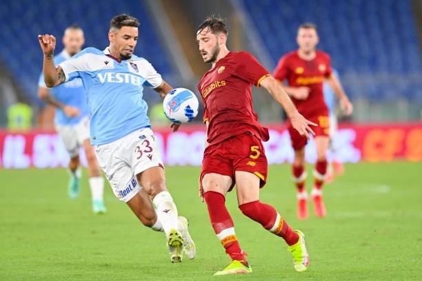 Matias Viña of AS Roma and Bruno Peres of Trabzonspor fight for the ball during the UEFA Conference League Play-Offs Leg Two match between AS Roma...