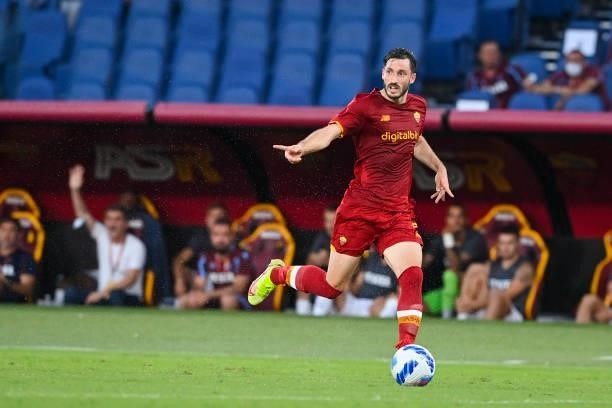Matias Viña of AS Roma in action during the UEFA Conference League Play-Offs Leg Two match between AS Roma and Trabzonspor at Olimpico Stadium on...