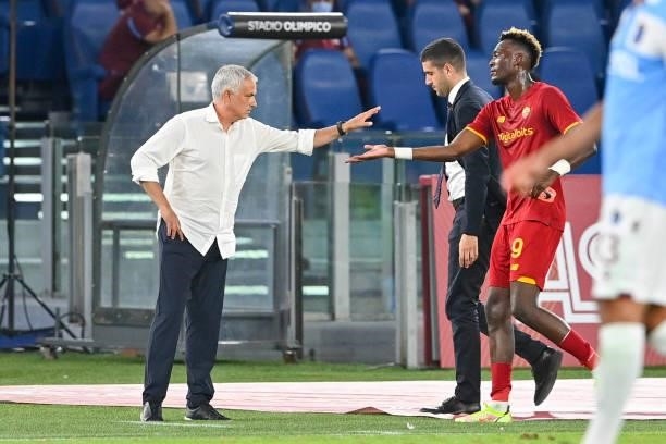 Roma coach Josè Mourinho greets his player Tammy Abraham during the UEFA Conference League Play-Offs Leg Two match between AS Roma and Trabzonspor at...