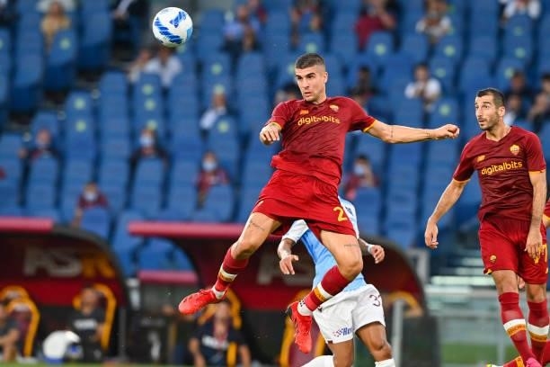 Gianluca Mancini of AS Roma heads the ball during the UEFA Conference League Play-Offs Leg Two match between AS Roma and Trabzonspor at Olimpico...