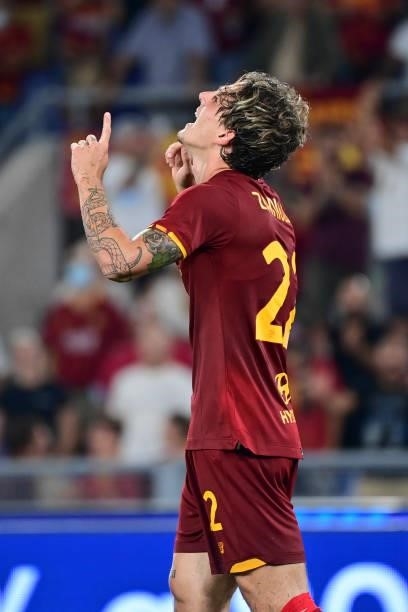 Nicolò Zaniolo of AS Roma celebrates during the UEFA Conference League Play-Offs Leg Two match between AS Roma and Trabzonspor at Olimpico Stadium on...