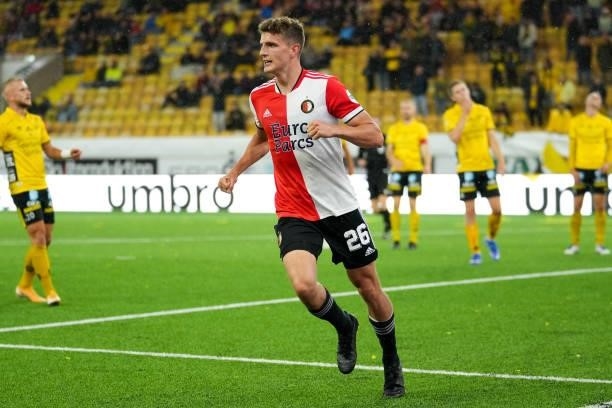 Guus Til of Feyenoord celebrate first Feyenoord goal of the evening during the UEFA Conference League match between IF Elfsborg and Feyenoord at...