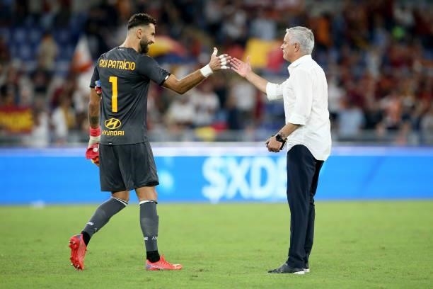 Coach Jose Mourinho of AS Roma greets his goalkeeper Rui Patricio after winning the UEFA Conference League Play-Offs Leg Two match between AS Roma...