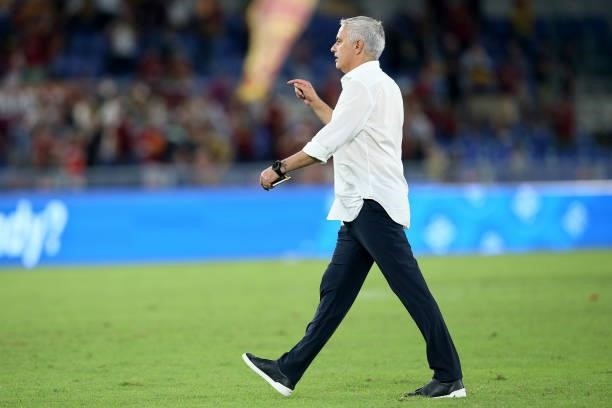 Coach Jose Mourinho of AS Roma leaves the field after winning the UEFA Conference League Play-Offs Leg Two match between AS Roma and Trabzonspor at...