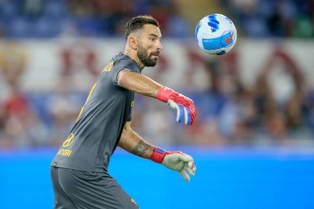 Goalkeeper Rui Patricio of AS Roma controls the ball during the UEFA Conference League Play-Offs Leg Two match between AS Roma and Trabzonspor at...
