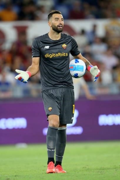 Goalkeeper Rui Patricio of AS Roma reacts during the UEFA Conference League Play-Offs Leg Two match between AS Roma and Trabzonspor at Olimpico...