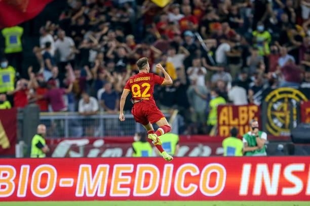 Stephan El Shaarawy of AS Roma celebrates after scoring the third goal of his team during the UEFA Conference League Play-Offs Leg Two match between...