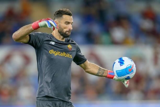 Goalkeeper Rui Patricio of AS Roma controls the ball during the UEFA Conference League Play-Offs Leg Two match between AS Roma and Trabzonspor at...