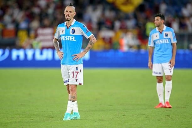Marek Hamsik of Trabzonspor reacts after the UEFA Conference League Play-Offs Leg Two match between AS Roma and Trabzonspor at Olimpico Stadium on...
