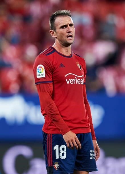 Kike Garcia of CA Osasuna reacts during the La Liga Santader match between CA Osasuna and RC Celta de Vigo at Estadio El Sadar on August 23, 2021 in...
