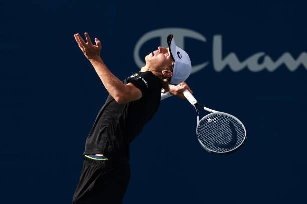 Emil Ruusuvuori of Finland serves to Richard Gasquet of France in the quarterfinals of the Winston-Salem Open at Wake Forest Tennis Complex on August...