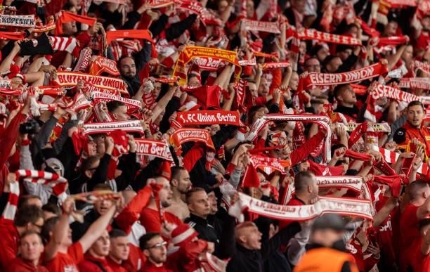 Union Berlin fans celebrate during the UEFA Conference League Play-Offs Leg Two match between 1. FC Union Berlin and Kuopion PS at Olympiastadion on...