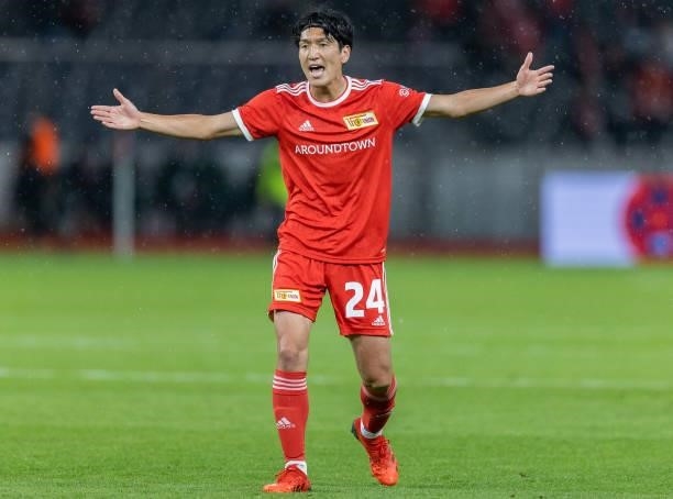 Genki Haraguchi of 1.FC Union Berlin reacts during the UEFA Conference League Play-Offs Leg Two match between 1. FC Union Berlin and Kuopion PS at...