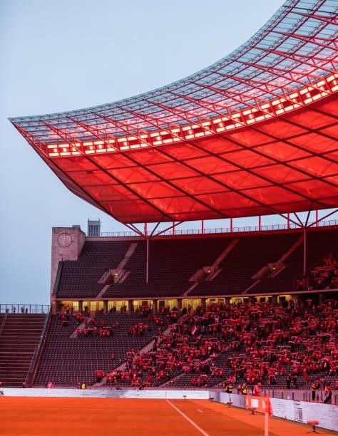 Fans of 1. FC Union Berlin celebrate during the UEFA Conference League Play-Offs Leg Two match between 1. FC Union Berlin and Kuopion PS at...