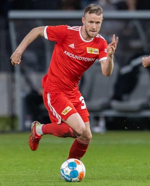 Cedric Teuchert of 1.FC Union Berlin runs with the ball during the UEFA Conference League Play-Offs Leg Two match between 1. FC Union Berlin and...