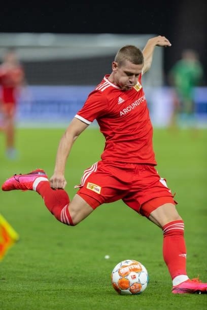 Julian Ryerson of 1.FC Union Berlin takes a shot during the UEFA Conference League Play-Offs Leg Two match between 1. FC Union Berlin and Kuopion PS...