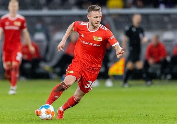 Cedric Teuchert of 1.FC Union Berlin runs with the ball during the UEFA Conference League Play-Offs Leg Two match between 1. FC Union Berlin and...