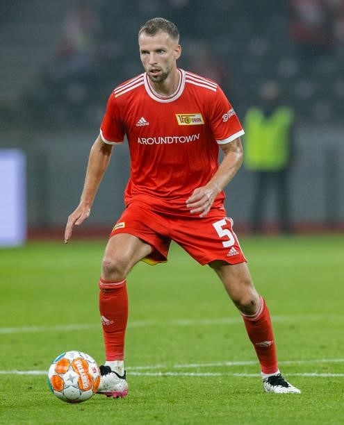 Marvin Friedrich of 1.FC Union Berlin runs with the ball during the UEFA Conference League Play-Offs Leg Two match between 1. FC Union Berlin and...