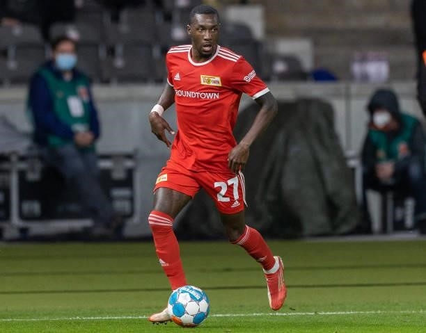 Sheraldo Becker of 1.FC Union Berlin runs with the ball during the UEFA Conference League Play-Offs Leg Two match between 1. FC Union Berlin and...