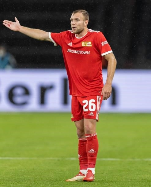 Tymoteusz Puchacz of 1.FC Union Berlin gestures during the UEFA Conference League Play-Offs Leg Two match between 1. FC Union Berlin and Kuopion PS...