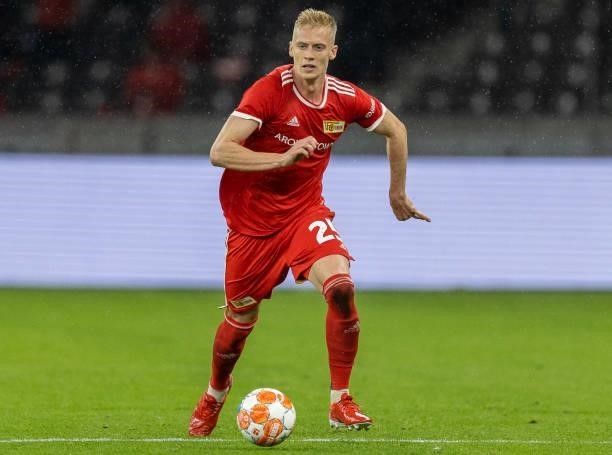 Timo Baumgartl of 1.FC Union Berlin runs with the ball during the UEFA Conference League Play-Offs Leg Two match between 1. FC Union Berlin and...