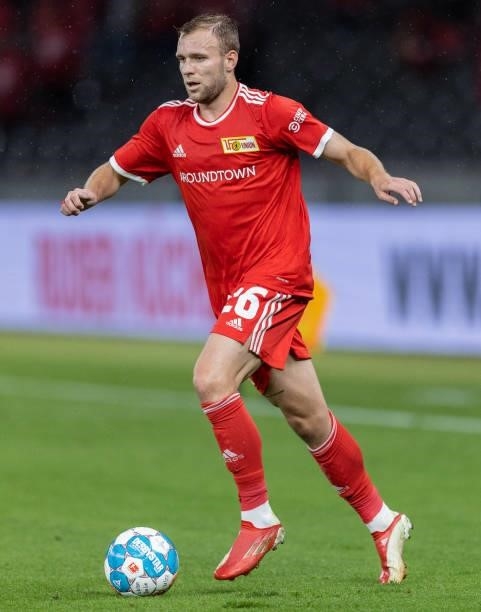 Tymoteusz Puchacz of 1.FC Union Berlin runs with the ball during the UEFA Conference League Play-Offs Leg Two match between 1. FC Union Berlin and...