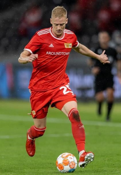 Timo Baumgartl of 1.FC Union Berlin runs with the ball during the UEFA Conference League Play-Offs Leg Two match between 1. FC Union Berlin and...
