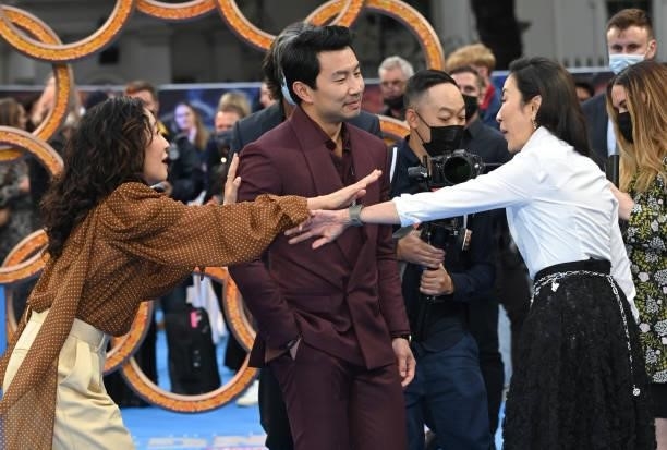 Sandra Oh, Simu Liu and Michelle Yeoh attend the UK premiere of "Shang-Chi and the Legend of the Ten Rings