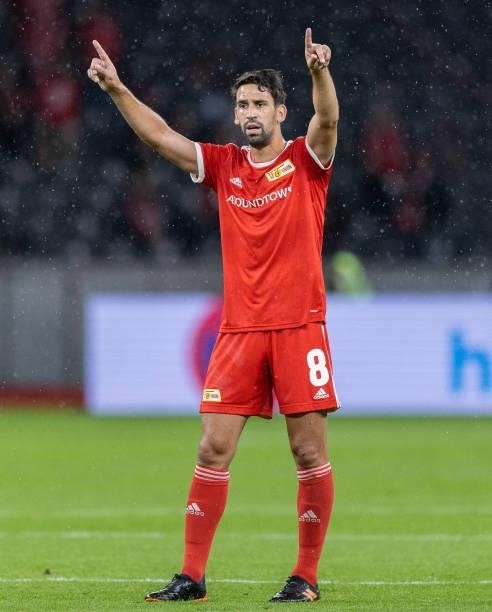 Rani Khedira of 1.FC Union Berlin gestures during the UEFA Conference League Play-Offs Leg Two match between 1. FC Union Berlin and Kuopion PS at...