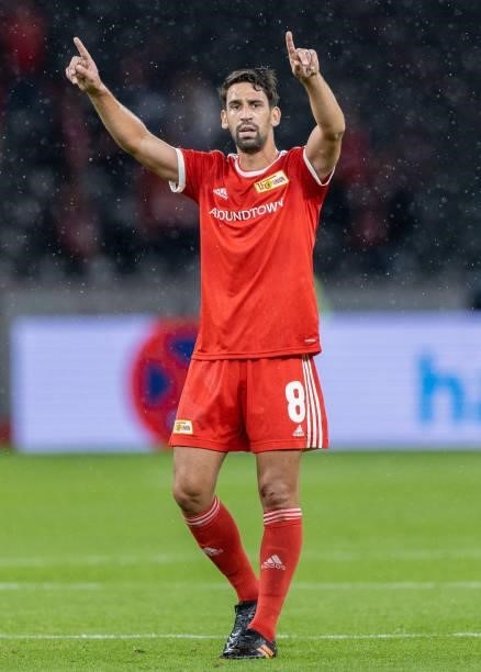 Rani Khedira of 1.FC Union Berlin gestures during the UEFA Conference League Play-Offs Leg Two match between 1. FC Union Berlin and Kuopion PS at...