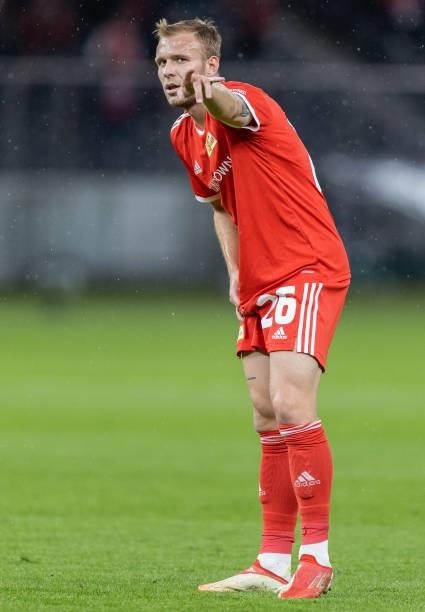 Tymoteusz Puchacz of 1.FC Union Berlin gestures during the UEFA Conference League Play-Offs Leg Two match between 1. FC Union Berlin and Kuopion PS...