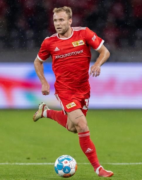 Tymoteusz Puchacz of 1.FC Union Berlin runs with the ball during the UEFA Conference League Play-Offs Leg Two match between 1. FC Union Berlin and...