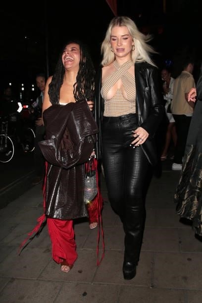 Blithe Saxon and Lottie Moss seen attending PrettyLittleThing by Molly Mae - launch party at Novikov on August 26, 2021 in London, England.