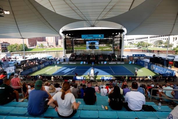 Fans watch Katerina Siniakova of the Czech Republic and Anett Kontaveit of Estonia compete in their quarterfinal match on day 5 of the Cleveland...