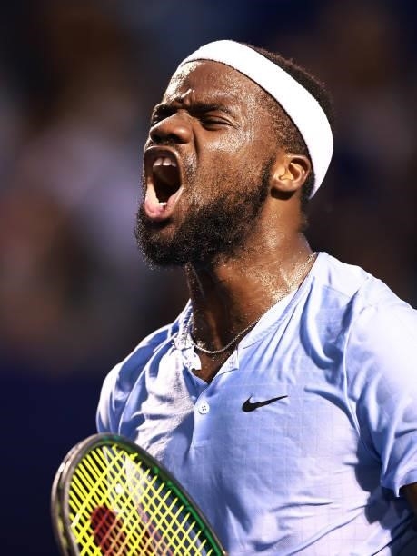 Frances Tiafoe reacts after winning the first set tiebreaker against Mikael Ymer of Sweden in the quarterfinals of the Winston-Salem Open at Wake...