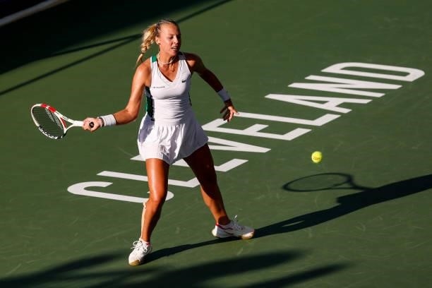 Anett Kontaveit of Estonia returns a serve during the first set of her quarterfinal match against Katerina Siniakova of the Czech Republic on day 5...