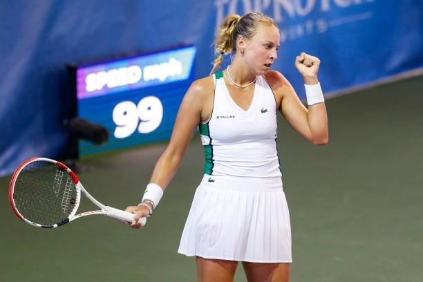 Anett Kontaveit of Estonia celebrates during the second set of her quarterfinal match against Katerina Siniakova of the Czech Republic on day 5 of...