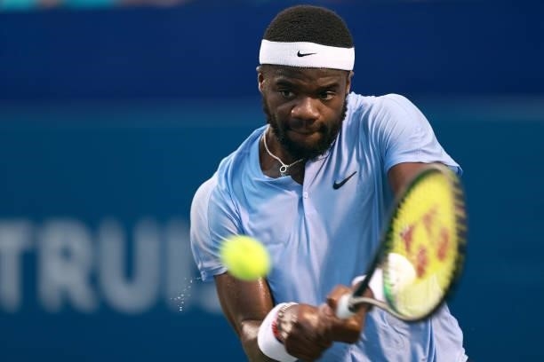 Frances Tiafoe returns a shot to Mikael Ymer of Sweden in the quarterfinals of the Winston-Salem Open at Wake Forest Tennis Complex on August 26,...