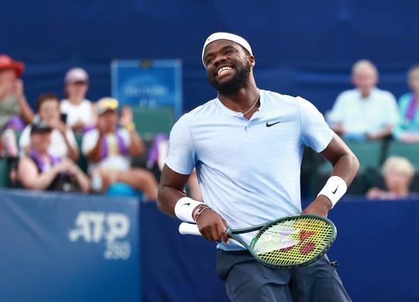 Frances Tiafoe reacts during his match against Mikael Ymer of Sweden in the quarterfinals of the Winston-Salem Open at Wake Forest Tennis Complex on...