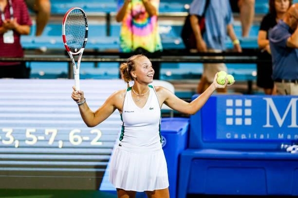 Anett Kontaveit of Estonia celebrates winning in the third set of her quarterfinal match against Katerina Siniakova of the Czech Republic on day 5 of...
