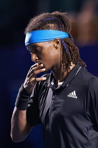 Mikael Ymer of Sweden reacts after his win against Frances Tiafoe in the quarterfinals of the Winston-Salem Open at Wake Forest Tennis Complex on...