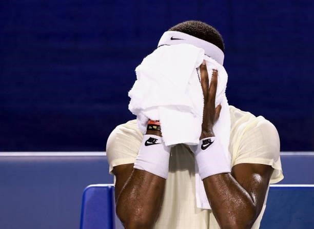 Frances Tiafoe goes to the bench after being broken by Mikael Ymer of Sweden in the quarterfinals of the Winston-Salem Open at Wake Forest Tennis...