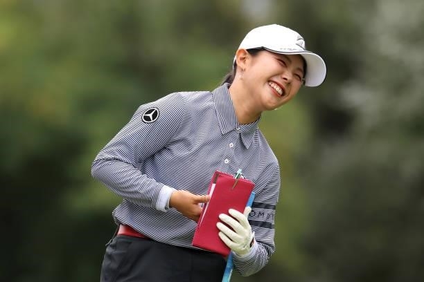 Yuri Yoshida of Japan smiles on the 5th tee during the second round of the Nitori Ladies at Otaru Country Club on August 27, 2021 in Otaru, Hokkaido,...