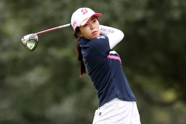 Kotone Hori of Japan hits her tee shot on the 5th hole during the second round of the Nitori Ladies at Otaru Country Club on August 27, 2021 in...