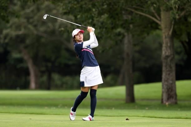 Kotone Hori of Japan hits her second shot on the 5th hole during the second round of the Nitori Ladies at Otaru Country Club on August 27, 2021 in...