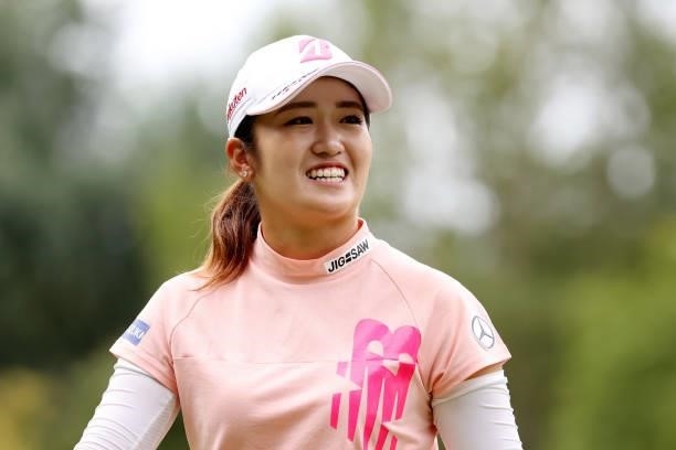 Mone Inami of Japan smiles on the 5th green during the second round of the Nitori Ladies at Otaru Country Club on August 27, 2021 in Otaru, Hokkaido,...