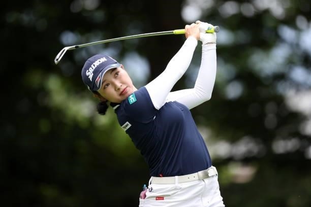 Sakura Koiwai of Japan hits her tee shot on the 7th hole during the second round of the Nitori Ladies at Otaru Country Club on August 27, 2021 in...
