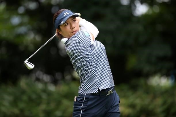 Eri Okayama of Japan hits her tee shot on the 7th hole during the second round of the Nitori Ladies at Otaru Country Club on August 27, 2021 in...