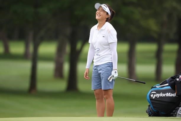 Mi-Jeong Jeon of South Korea smiles after making her chip in birdie on the 18th hole during the second round of the Nitori Ladies at Otaru Country...